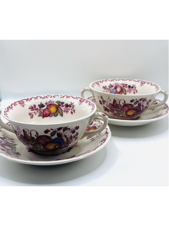 Masons Other - Set of (2) Masons Fruit Basket Soup Bowls Double Handle Mugs Saucers Tea Cups